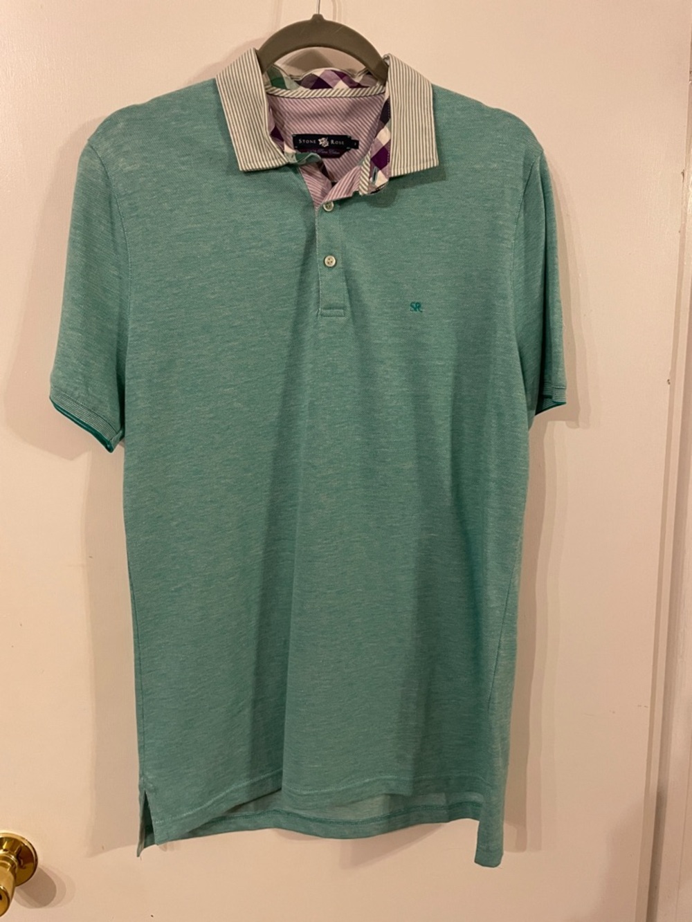 Stone Rose Teal Heather Polo with Striped Contrast Collar